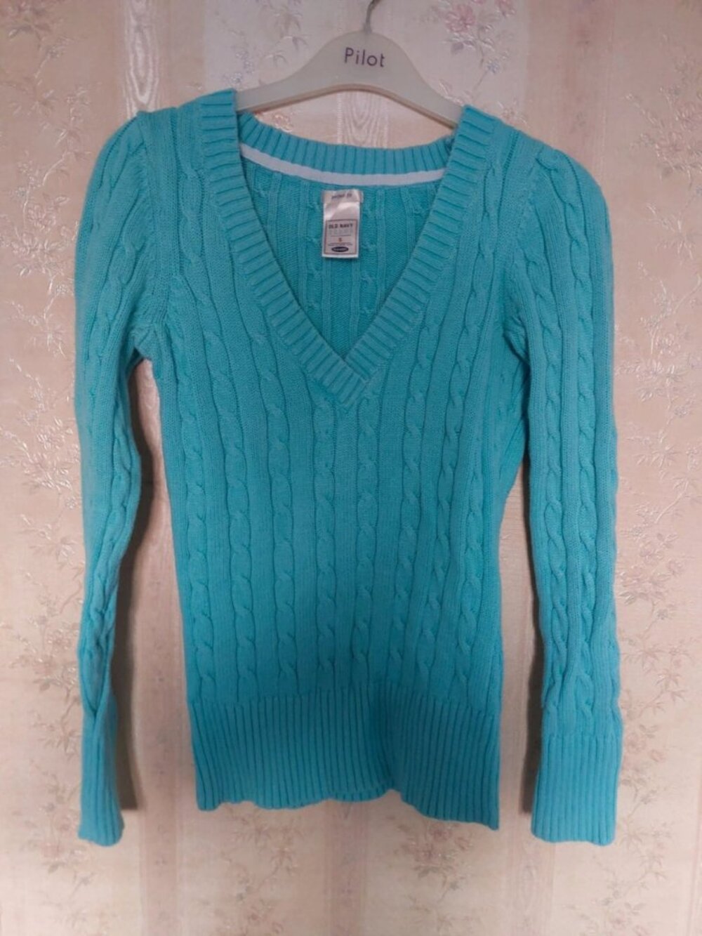 Turquoise Cable Knit V Neck Jumper, Women’s S
